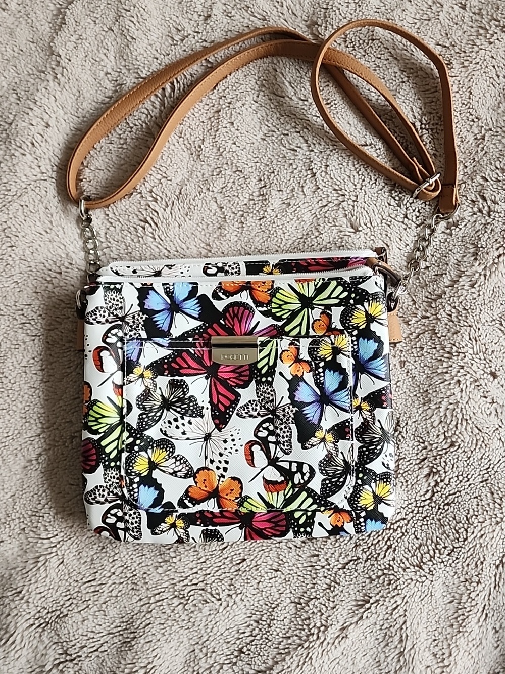 Rosetti White Crossbody Bag with Multicolor Butterfly Print and Tan Strap